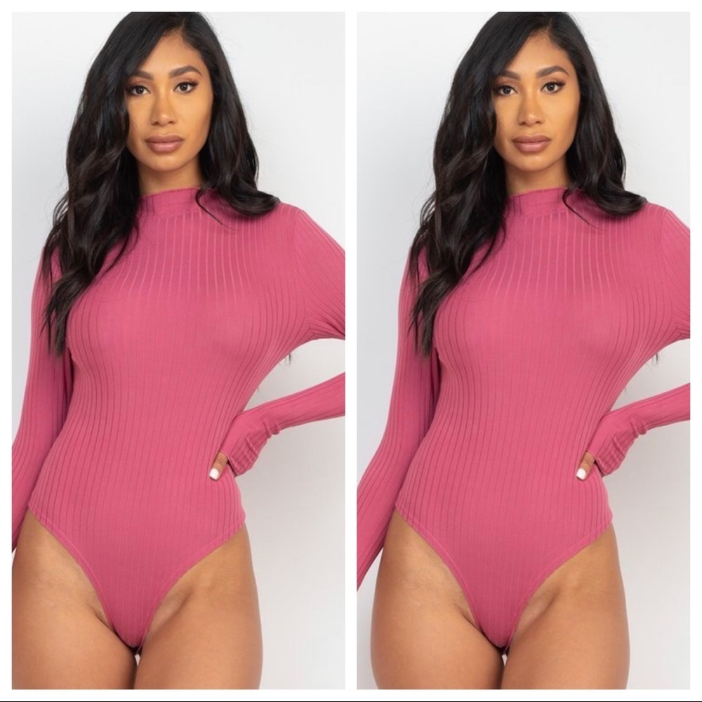 NEW FALL TRENDY DARK MAUVE LONG SLEEVE RIBBED MOCK NECK THONG BODYSUIT